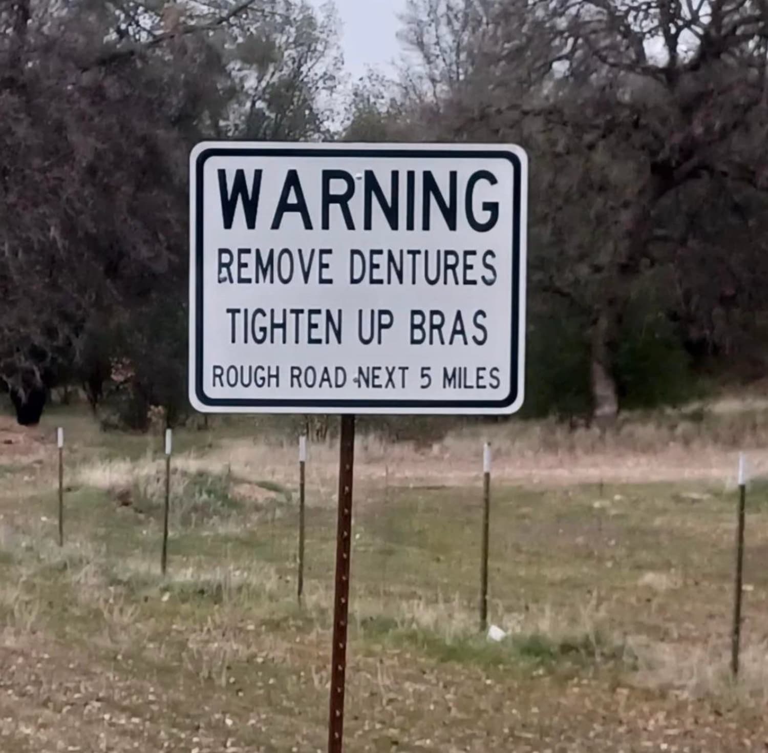 sign - Warning Remove Dentures Tighten Up Bras Rough Road Next 5 Miles